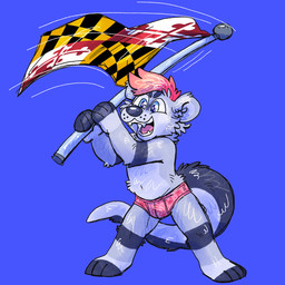 anthro blue_background briefs clothing flag fur grey_body grey_fur male maryland_flag multicolored_body multicolored_fur pink_briefs pink_clothing pink_underwear simple_background solo standing underwear united_states_of_america waving_flag xylious mammal mustelid otter 1:1 english_description