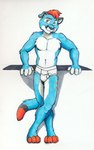 anthro barefoot blue_body blue_fur briefs briefs_only bulge clothed clothing feet fur green_eyes hair male markings orange_hair smile solo striped_markings stripes tighty_whities topless underwear underwear_only white_briefs white_clothing white_underwear cirruskitfox felid feline mammal hi_res