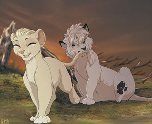 black_pawpads blue_eyes cloud duo eyes_closed female feral fur grass hair male mane open_mouth pawpads pink_nose plant sky smile sunset tail white_body white_fur young young_female young_feral young_male shyryp teluji felid lion mammal pantherine absurd_res digital_media_(artwork) hi_res