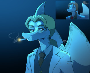 anthro biped blonde_hair brown_eyes cigarette cigarette_in_mouth clothed clothed_anthro clothed_male clothing frown gradient_background hair half-closed_eyes long_hair looking_aside looking_down male narrowed_eyes necktie object_in_mouth ponytail scales serious serious_face simple_background smoke smoking smoking_cigarette solo suit_jacket tan_body tan_scales text wings marilyn-toxic cavemanon_studios i_wani_hug_that_gator iadakan prehistoric_species pterosaur reptile scalie absurd_res artist_name blue_theme bust_portrait colored hi_res portrait reference_image