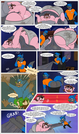 anthro areola argument bedding big_butt big_moobs bite bite_mark bite_mark_on_butt blanket blue_body blue_fur bodily_fluids bottomwear bottomwear_down brown_hair butt butt_smother clothed clothed_anthro clothed_male clothing collared_shirt dipstick_tail dress_shirt duo eyebrows facial_piercing fully_clothed fully_clothed_anthro fully_clothed_male fur gloves_(marking) green_eyebrows green_nose grey_arms grey_body grey_fur grey_mouth grey_tail_tip hair huge_butt huge_moobs hyper hyper_butt lazy male male/male markings messy messy_clothing messy_room messy_underwear moobs multicolored_body multicolored_fur name_tag nose_piercing nose_ring obese obese_anthro obese_male orange_clothing orange_dress_shirt orange_shirt orange_topwear overweight overweight_anthro overweight_male pants pants_down partially_clothed partially_clothed_anthro piercing pink_areola pink_body ring_piercing scratching_buttcheek sharp_teeth shirt sleeping sleepwalking slob smothering stained_underwear sweat sweaty_butt tail tail_markings teeth text topless topless_anthro topless_male topwear underbite underwear nabb-kun smallfryspy duncan_(nabb-kun) miles_mcwolf nabb_(nabb-kun) canid canine canis domestic_cat domestic_pig felid feline felis mammal procyonid raccoon suid suine sus_(pig) wolf 2026 absurd_res comic english_text hi_res multiple_scenes