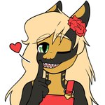 anthro black_body blonde_hair clothed clothing female front_view green_eyes hair long_hair one_eye_closed open_mouth overalls red_clothing red_overalls sharp_teeth simple_background solo teeth white_background yellow_body riddlr fish marine shark 1:1 bust_portrait hi_res portrait