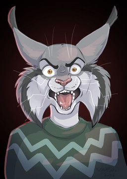 angry anthro clothed clothing fur grey_body grey_fur male solo tuft yellow_eyes haska disney zootopia pawbert_lynxley canada_lynx felid feline lynx mammal hi_res