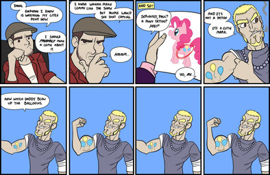 arm_support asking asking_another asking_if_serious balloon beard blonde_hair blue_eyes brown_eyes brown_hair cigar cigarette circled clothing conjoined_speech_bubble cutie_mark cutie_mark_on_arm dialogue duo facial_hair female fur hair hat headgear headwear inflatable jewelry leaning_on_elbow male meta muscular name_drop name_in_dialogue necklace photo pink_body pink_fur pink_hair question questioning_tone sideburns smoking species_in_dialogue speech_bubble tattoo text text_box text_emphasis vowelless vowelless_vocalization yes-no_question unknown_artist friendship_is_magic hasbro my_little_pony pinkie_pie_(mlp) earth_pony equid equine horse human mammal pony comic digital_media_(artwork) english_text source_request