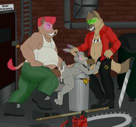 alley anal anal_penetration anthro anthro_on_anthro anthro_penetrated anthro_penetrating anthro_penetrating_anthro bad_end ball_size_difference balls big_balls biped blush bodily_fluids boots bottomwear brown_hair chainsaw clothing cum cum_from_ass cum_from_mouth cum_in_ass cum_in_mouth cum_inside defeated_hero dominant dominant_male door double_penetration ear_clip ear_grab fellatio fingers footwear genital_fluids genitals glowing glowing_eyes grabbing_both_ears green_eyes group group_sex hair half-closed_eyes hypnosis large_penetration larger_dom larger_male machete male male/male male_penetrated male_penetrating male_penetrating_male melee_weapon mind_control narrowed_eyes oral oral_penetration overweight overweight_anthro overweight_male pants penetration penile penile_penetration penis penis_in_ass penis_in_mouth power_tool predator/prey predator_dom_prey_sub predator_penetrating_prey ringed_eyes sex shoes size_difference smaller_male smaller_penetrated smile spitroast staff submissive submissive_male teeth threesome tools toothy_grin topwear trash_can trio tusks two_doms_one_sub vein veiny_penis weapon gummixfrog cruel_serenade diezel_(cruel_serenade) khazeem_(cruel_serenade) mezz_(cruel_serenade) hyena lagomorph leporid mammal rabbit suid suine sus_(pig) wild_boar hi_res