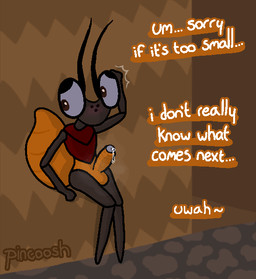 antennae_(anatomy) anthro arthropod_abdomen balls biped blush bodily_fluids dark_body dialogue dripping emanata embarrassed erection foreskin genital_fluids genitals glans hand_behind_head humanoid_genitalia humanoid_penis inexperienced knock-kneed leaning_on_wall looking_aside looking_away male musk musky_penis offscreen_character penis precum precum_drip segmented_arms segmented_body segmented_legs solo speech_bubble talking_to_viewer pincoosh bug_fables moonsprout_games mun_(bug_fables) arthropod insect mantis aliasing digital_media_(artwork) signature