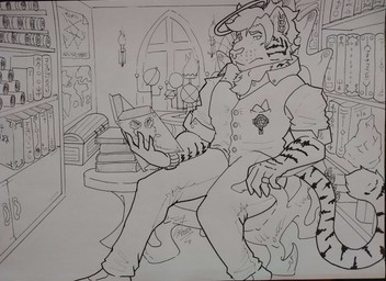 anthro book book_stack bookshelf bottomwear chair cheek_tuft chest_tuft clothed clothed_anthro clothed_male clothing collared_shirt cross detailed_background dress_shirt facial_tuft fully_clothed fully_clothed_anthro fully_clothed_male fur furniture hair halo hankerchief library looking_at_viewer male map markings on_chair orrery pants piercing reading reading_book ring ring_piercing scroll shirt short_hair sitting sitting_on_chair snout solo striped_body striped_fur striped_markings striped_tail stripes tail tail_markings topwear torch tuft unimpressed vest tanhir_davi kygehn felid mammal pantherine tiger absurd_res full-length_portrait greyscale hi_res monochrome portrait