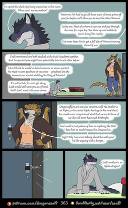 5_panel annoyed anthro barefoot bed black_horn blue_eyes bottomwear box brown_body clothed clothing container dialogue door duo eye_contact feet female fluffy fluffy_tail fur furaffinity_logo furniture grey_body grey_fur hands_on_hips horn inside jacket keycard linked_speech_bubble looking_at_another membrane_(anatomy) membranous_wings on_bed page_number pants patreon_logo purple_eyes robe shirt shocked sitting sitting_on_bed size_difference speech_bubble standing tail tail_scales tank_top text topwear wings rimentus european_mythology furaffinity mythology patreon allie_(rimentus) clessie_dreadwinter canid canine canis dragon mammal mythological_creature mythological_scalie scalie western_dragon wolf comic english_text hi_res multiple_scenes url