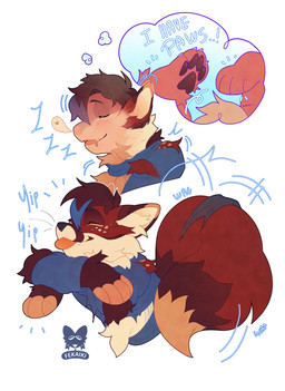 anthro blep blue_clothing blue_shirt blue_topwear brown_hair brown_pawpads clothing eyes_closed fluffy fluffy_tail fur hair human_to_anthro male pawpads red_body red_fur shirt sleeping solo species_transformation tail tongue tongue_out topwear torn_clothing transformation white_body white_fur fekaiki canid canine fox mammal hi_res