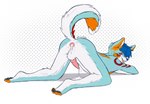 anthro ass_up blue_hair bodily_fluids butt cum cum_inside cum_on_ground fur genital_fluids genitals hair looking_at_viewer looking_back male multicolored_body multicolored_fur open_mouth penis pink_penis presenting presenting_hindquarters raised_tail red_eyes solo spread_legs spreading tail unknown_artist falcon_woodwere arctic_wolf canid canine canis mammal wolf hi_res