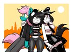 amber_eyes anthro beret black_hair bottomwear clothed clothing female furgonomics group hair hat headgear headwear hug male mime pink_hair skirt sun tail tail_through_skirt lettuce_(artist) hasbro my_little_pony cid_(oc) fan_character izzy_(asdfr123456) selina_rimaine_(oc) equid equine horse mammal pony 2021 absurd_res hi_res