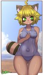 alternate_version_at_source anthro arumo blonde_hair blue_clothing blue_sky blue_swimwear bodily_fluids brown_body brown_fur butt_from_the_front canid canine clothing ear_tuft eyebrow_through_hair eyebrows female front_view fur glistening glistening_hair green_eyes hair hi_res inner_ear_fluff kemono mammal navel navel_outline one-piece_swimsuit open_mouth outie_navel outside pink_tongue portrait raccoon_dog sky solo sweat sweatdrop swimwear tanuki three-quarter_portrait tongue translucent translucent_hair tuft wide_hips