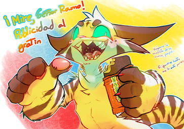 anthro big_hands biped brown_stripes chest_tuft claws eyebrows food fur glowing glowing_eyes green_sclera head_tuft holding_food holding_object looking_back male markings nude open_mouth pawpads sharp_teeth simple_background solo striped_markings striped_tail stripes tail tail_markings teeth text tongue tuft white_body white_fur galo galo_(character) domestic_cat felid feline felis mammal 2026 hi_res spanish_text translated