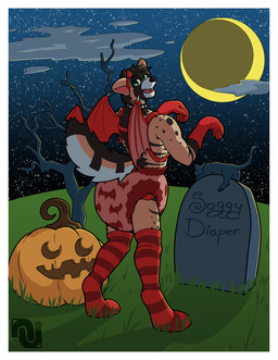 abdl border brown_hair clawed_gloves clean_diaper clothed clothing cloud cloudy_sky cosmic_background costume crescent_moon devil_costume diaper digitigrade exposed_diaper fake_horns fake_wings food footwear fruit fur gloves grass green_eyes hair halloween_costume halloween_themed handwear holidays legwear looking_at_viewer male membrane_(anatomy) membranous_wings moon night pattern_diaper plant posing_for_picture pumpkin sky socks spade_tail star starry_background starry_sky stockings tail tan_body tan_fur thigh_highs tombstone tree wearing_diaper white_border wings nenanauso halloween civet domestic_cat felid feline felis mammal viverrid cel_shading hi_res shaded
