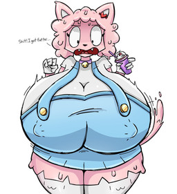 anthro bell bell_collar big_breasts breast_growth breasts clothing collar female footwear gloves growth hair handwear huge_breasts huge_thighs legwear motion_lines nipple_outline overalls pink_body pink_hair socks solo surprised thick_thighs thigh_highs thigh_socks spicyredacted sarah_kattina_(spicysierra) domestic_cat felid feline felis goo_creature mammal hi_res