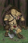 abs animal_genitalia animal_penis anthro armor axe balls bandage biceps biped black_nipples black_nose bodily_fluids bottomwear brown_body brown_fur brown_hair canine_genitalia canine_penis claws clothing crouching detailed_background drooling ear_piercing facial_hair fangs fantasy forest fur genitals hair half-erect harness knot knot_in_sheath leather loincloth looking_at_viewer male mane markings medieval melee_weapon muscular muscular_anthro muscular_male nature nipples open_mouth outside pecs penis piercing plant presenting red_penis saliva sheath solo spots standing tan_body tan_fur teeth toe_claws tongue tongue_out tree vein warrior weapon yellow_eyes ace_stryker gnoll hyena mammal spotted_hyena 2013 hi_res