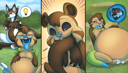 abdominal_bulge ambiguous_gender ambiguous_pred ambiguous_prey anthro anthro_pred anthro_prey beak belly big_belly black_sclera blue_blush blue_body blue_eyes blue_fur blue_insides blue_tongue blush bodily_fluids brown_beak brown_body brown_feathers brown_fur buckteeth claws cloud cutaway day dipstick_tail drooling duo eyebrows eyes_closed feathers finger_claws fur grass hand_on_belly hand_on_own_belly head_tuft huge_belly inside_stomach internal light_bulb markings mouth_shot open_beak open_mouth open_smile oral_vore outside plant raised_eyebrows saliva saliva_string sky smile speech_bubble tail tail_markings teeth text toe_claws tongue tongue_out tuft unwilling_pred vore white_body white_eyes white_feathers wide_eyed willing_prey rainypaws nintendo pokemon avian bird chespin generation_6_pokemon pokemon_(species) artist_name english_text hi_res pictographics