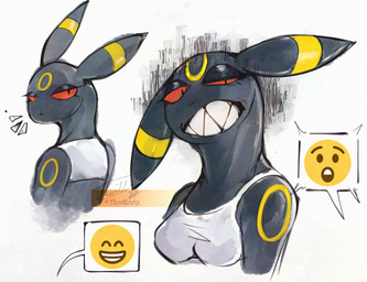 anthro black_body black_ears breasts clothed clothing emanata emoticon female narrowed_eyes sharp_teeth solo speech_bubble teeth topwear yellow_body yellow_ears thwillartz nintendo pokemon eeveelution generation_2_pokemon pokemon_(species) umbreon hi_res