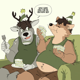 anthro antlers belly black_nose bottomwear brown_body brown_bottomwear brown_clothing brown_fur brown_hair brown_shorts cake_slice clothed clothing cutlery duo eyes_closed food fork fur furniture gloves_(marking) green_clothing green_eyes green_shirt green_tank_top green_topwear grey_body grey_fur hair hat headgear headwear holding_food holding_fork holding_object horn kitchen_utensils looking_at_another male markings navel on_sofa open_mouth overweight overweight_anthro overweight_male party_hat pink_tongue plate raised_clothing raised_shirt raised_tank_top raised_topwear shirt shorts sitting sitting_on_sofa sofa speech_bubble tank_top text tongue tools topwear ty_pesh canid canine canis coyote mammal 1:1 digital_drawing_(artwork) digital_media_(artwork) english_description english_text