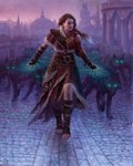 blue_eyes clothed clothing detailed_background female feral fur glowing glowing_eyes group hair outside quadruped standing ryan_pancoast hasbro magic:_the_gathering wizards_of_the_coast arlinn_kord planeswalker canid canine canis human mammal wolf digital_media_(artwork) hi_res official_art