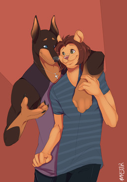 :3 anthro arm_around_shoulders arm_grab biped black_bottomwear black_clothing black_nails black_nose black_pants blue_clothing blue_eyes blue_shirt blue_topwear bottomwear brown_body brown_fur brown_hair brown_skin claws clothed clothing colored_nails cross cross_necklace duo eye_contact fist front_view fur gesture green_eyes hair jewelry looking_at_another male nails necklace orange_body orange_skin pants pattern_clothing pattern_topwear pink_nose purple_clothing purple_shirt purple_topwear red_background romantic romantic_couple round_ears shirt simple_background smile snout standing striped_clothing striped_topwear stripes tan_body tan_fur tank_top three-quarter_view topwear whiskers mystikfox61 canid canine canis dobermann domestic_dog felid lion mammal pantherine pinscher 2012 digital_media_(artwork) half-length_portrait portrait signature