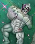 anthro balls blush eyes_closed fur genitals gesture green_sclera hand_gesture hand_on_pecs machine male mask muscular muscular_male nipples open_mouth partially_submerged pecs penis pink_eyes river solo water white_body white_fur duckaphion lifewonders tokyo_afterschool_summoners enigma_(tas) canid canine mammal robot absurd_res hi_res