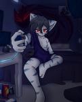 anthro bed bedroom bottomless breasts clothed clothing computer electronics female furniture nipple_slip nipples red_eyes solo topless dream_mirage aion_(city) mira_(dream_mirage) felid feline mammal hi_res