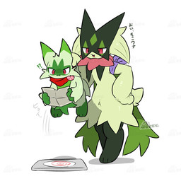:3 ambiguous_gender anthro armband biped carrying_another cheek_tuft cute_fangs dialogue dipstick_ears duo ear_markings facial_markings facial_tuft fangs frill_(anatomy) front_view fur gloves_(marking) green_body green_ear_tips green_ears green_fur green_tail hand_on_hip head_markings holding_map holding_object interrobang kemono kerchief kerchief_only larger_ambiguous larger_anthro leg_markings looking_at_another markings mask mask_(marking) monotone_tail mostly_nude mostly_nude_ambiguous mostly_nude_anthro multicolored_body multicolored_ears multicolored_fur neck_frill neckerchief neckerchief_only neckwear open_mouth pupils red_eyes red_kerchief red_neckerchief scruffing simple_background size_difference smaller_ambiguous smaller_anthro socks_(marking) standing tail talking_to_another teeth text trap_(contrivance) tuft two_tone_body two_tone_ears two_tone_fur white_background tontaro nintendo pokemon pokemon_mystery_dungeon spike_chunsoft felid feline floragato generation_9_pokemon mammal meowscarada pokemon_(species) 1:1 2025 colored digital_media_(artwork) japanese_text shaded simple_shading translated