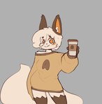 anthro biped clothed clothing eyebrows fingers fur grey_background hair inner_ear_fluff legwear looking_at_viewer male orange_eyes simple_background smile solo standing tail teeth thigh_highs tuft white_body white_fur white_tail divucup divu_(divucup) domestic_cat felid feline felis mammal
