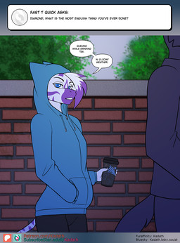 anthro ask_blog beverage clothing dialogue duo female female_focus fur hair highlights_(coloring) hoodie outside purple_highlights purple_stripes solo_focus speech_bubble striped_body striped_fur stripes tea text topwear white_body white_fur white_hair conditional_dnp kadath diamond_(kadath) equid equine mammal zebra comic english_text hi_res url
