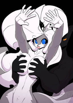 anthro big_breasts black_background black_body blue_eyes breast_grab_from_behind breasts claws duo female grey_body hair looking_at_viewer male nude pupils simple_background slit_pupils white_body white_hair yellow_eyes conditional_dnp jollyjack shadow_hands_challenge chloe_sinclaire domestic_cat felid feline felis mammal mephitid skunk 2026