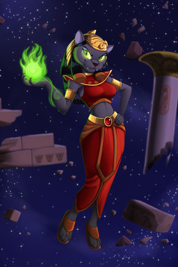 anthro armlet black_body black_fur black_hair black_nose breasts claws clothed clothing detailed_background egyptian egyptian_clothing egyptian_headdress fangs female footwear fur green_eyes hair hand_on_hip hand_on_own_hip long_hair looking_at_viewer magic magic_user medium_breasts midriff pupils red_clothing sandals shoes slit_pupils solo space teeth sirzi disney disney's_aladdin mirage_(disney) felid mammal 2026 2:3 hi_res