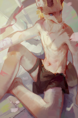 anthro bandage bandaged_arm barefoot black_horn blue_eyes brown_body brown_fur cheek_tuft clothed clothing facial_tuft feet fur horn male mouth_closed navel sitting solo tail three-quarter_view topless tuft unsigned white_body white_fur carbonizedaki mythology dragon furred_dragon furred_scalie mythological_creature mythological_scalie scalie 2022 2:3 digital_media_(artwork) digital_painting_(artwork) painting_(artwork)