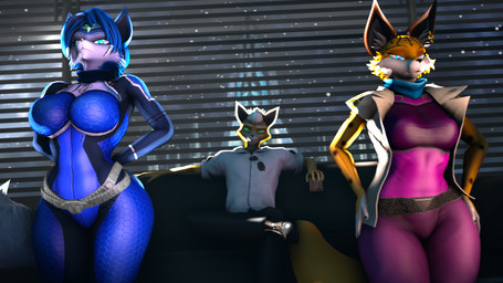 5_fingers alcohol anthro beverage big_breasts black_body black_fur black_spots blue_body blue_eyes blue_fur blue_hair bodysuit breasts brown_body brown_fur clothing collared_shirt container cup curvy_figure detailed_background dress_shirt drinking_glass ear_piercing ear_ring eyelashes female fingers fluffy fluffy_tail fur glass glass_container glass_cup green_eyes group hair hands_behind_back hands_on_hips hands_on_own_hips inner_ear_fluff jacket jumpsuit long_tail looking_at_viewer male markings multicolored_body multicolored_fur orange_body orange_fur piercing ring_piercing shirt short_hair shot_glass sitting skinsuit spots spotted_body spotted_fur tail tan_body tan_fur teal_eyes thick_thighs tight_clothing topwear trio tuft two_tone_body two_tone_fur voluptuous voluptuous_anthro voluptuous_female white_body white_fur white_hair wide_hipped_anthro wide_hipped_female wide_hips xxsanitariumxx warfaremachine_(modeler) nintendo star_fox fox_mccloud krystal_(star_fox) miyu_(star_fox) warfare_fox warfare_krystal warfare_miyu canid canine felid feline fox lynx mammal 16:9 2025 3d_(artwork) digital_media_(artwork) hi_res source_filmmaker_(artwork) widescreen