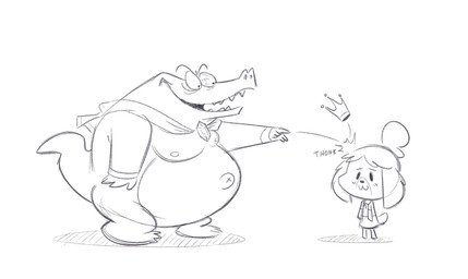anthro bloodshot_eyes bottomwear cape chibi clothing collared_shirt duo female gem male male/female motion_lines navel nipples open_mouth outie_navel overweight sharp_teeth shirt size_difference skirt smile smirk teeth text throwing topwear x_navel aanonoart aaron_chen animal_crossing donkey_kong_(series) nintendo isabelle_(animal_crossing) king_k._rool alligator alligatorid canid canine canis crocodilian domestic_dog mammal reptile scalie shih_tzu toy_dog english_text hi_res sketch