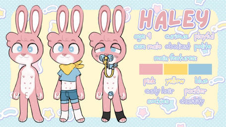 ageplay anthro blue_chastity_cage blue_eyes bottomwear chastity_cage chastity_device clothed clothing collar countershading crop_top footwear fur genitals half-closed_eyes hotpants infantilism kerchief male multi_nipple narrowed_eyes nipples no_shoes object_in_mouth pacifier pacifier_clip pacifier_in_mouth partially_clothed penis permanent_chastity_device pink_body pink_fur roleplay shirt shorts shota small_penis socks solo text topwear young young_anthro binkybnuuy haley_(binkybnuuy) lagomorph leporid mammal rabbit 16:9 model_sheet pastel_theme widescreen