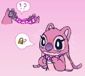antennae_(anatomy) antennae_markings anthro biped black_eyes blush blush_lines bodily_fluids chest_markings claws dog_tags ear_markings ears_down eyelashes female finger_claws fur gradient_background head_tuft infinity_symbol interrobang lei lei_only lock_symbol long_antennae markings nervous object_to_object_transformation pawpads pink_background pink_body pink_fur pivoted_ears pupils purple_claws purple_markings purple_nose purple_pawpads simple_background solo speech_bubble sweat symbol tuft white_markings white_pupils worried_look sgtpieman disney lilo_and_stitch angel_(lilo_and_stitch) alien experiment_(lilo_and_stitch) 2025 colored_sketch digital_drawing_(artwork) digital_media_(artwork) sketch