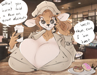 anthro big_breasts blazer breasts brown_eyes brown_hair buckteeth chocolate_doughnut cleavage clothed clothing coat coffee_cup container cup dessert dialogue doughnut eyelashes eyewear female female_anthro food freckled_breasts freckled_face freckles glasses hair hat headgear headwear huge_breasts long_eyelashes looking_at_viewer nipple_outline pastry pink_frosted_sprinkled_doughnut solo speech_bubble spots spotted_ears sunglasses tan_body teeth text tinted_glasses topwear trenchcoat wide_eyed dullvivid fiona_fawnbags_(dullvivid) deer mammal new_world_deer white-tailed_deer english_text