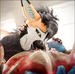 abs animal_genitalia animal_penis anthro balls black_border blue_body blue_fur blue_penis bodily_fluids border brown_body brown_fur brown_sheath canine_genitalia canine_penis cum duo erection fur genital_fluids genitals hair handjob licking looking_at_another male male/male multicolored_body multicolored_fur multicolored_hair muscular muscular_male oral penile penis red_body red_fur sex sheath tail tongue worship lill_esp isaacjexo lill_espion jex rexouium 3d_(artwork) absurd_res digital_media_(artwork) hi_res