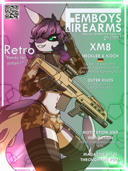 anthro bottomwear camo camo_bottomwear camo_clothing camo_crop_top camo_print camo_shorts clothing dark_sclera german_flag gun hair holding_gun holding_object holding_ranged_weapon holding_weapon legwear long_hair male male_anthro military_uniform navel pattern_bottomwear pattern_clothing pattern_shorts qr_code ranged_weapon shorts smile solo tail text thigh_highs uniform weapon marcus_gray femboys_and_firearms fish marine shark 2023 3:4 cover english_text hi_res magazine_cover