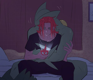 anthro bed bottomwear clothed clothing cuddling curtains duo ear_piercing ear_stud electronics fully_clothed furniture hair holding_arm holding_from_behind hug hugging_another hugging_from_behind in_the_dark long_hair male male/male on_bed on_phone painting_(object) pants phone piercing screen_light shirt sitting sitting_between_legs sitting_on_bed spread_legs spreading tired tired_eyes topwear laiweitui nintendo pokemon a_mu_(laiweitui) fang_yuan_(laiweitui) pokemon_trainer generation_3_pokemon generation_4_pokemon human mammal pokemon_(species) reptile rotom rotom_phone scalie sceptile hi_res