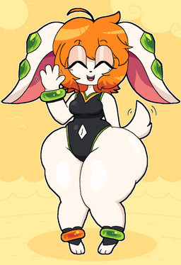 big_ears bracelet breasts clothing cloud eyes_closed female floppy_ears fur gesture hair hand_behind_back happy huge_hips huge_thighs jewelry leotard medium_breasts motion_lines navel open_mouth orange_hair pattern_background short_hair simple_background sun swimwear tail tail_motion tailwag thick_thighs wave waving white_body white_fur wide_hips heyfawndue freedom_planet galaxytrail milla_basset canid canine canis mammal colored digital_media_(artwork) hi_res pixel_(artwork)