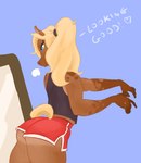 anthro athletic blonde_hair bodily_fluids bottomwear brown_body brown_fur butt checking clothing fur hair long_hair looking_at_mirror looking_at_object looking_at_reflection male mirror ponytail pose shorts solo sweat sweatdrop text moitasart equid equine horse mammal hi_res