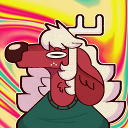 abstract_background anthro antlers clothing freckles fur green_clothing green_sweater green_topwear hair horn male psychedelic_background red_body red_fur sweater topwear white_hair deerdudeluci luci_(bigbuttbuck) cervine deer mammal