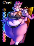 abstract_background accessory amber_eyes anthro barefoot belly big_belly big_breasts biped bra breasts candy clothed clothing countershading crop_top dessert dipstick_tail eyelashes fangs feet female food forehead_gem fur gem gloves hair hair_accessory hair_bun hair_tie handwear holding_candy holding_food holding_object hud huge_hips huge_thighs hyper love_handles markings navel obese obese_anthro obese_female overweight overweight_anthro overweight_female panties pantsless purple_body purple_fur retro shirt simple_background solo standing synthwave tail tail_markings teeth thick_thighs tied_hair topwear translucent translucent_clothing translucent_shirt translucent_topwear transparent_background underwear vaporwave wide_hips nobody-64 sega sonic_the_hedgehog_(series) blaze_the_cat domestic_cat felid feline felis mammal 2023 alpha_channel digital_drawing_(artwork) digital_media_(artwork) hi_res