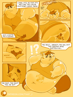 anthro belly belly_overhang big_belly buried candy clothing dessert duo food forced gummy_(food) gummy_bear_(food) hat headgear headwear holding_belly interrobang lazy lying lying_on_another male male/male micro navel navel_vore obese obese_anthro oblivious on_front overweight overweight_anthro partially_inside playing scratching size_difference smothering teasing teasing_look text tired translucent vore that_j bear mammal 3:4 absurd_res comic english_text hi_res