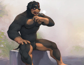 anthro belly breath countershading featureless_crotch fog looking_aside male muscular muscular_arms muscular_legs null panting pecs plant sitting solo teeth vu06 canid canine canis domestic_dog mammal mastiff molosser rottweiler hi_res