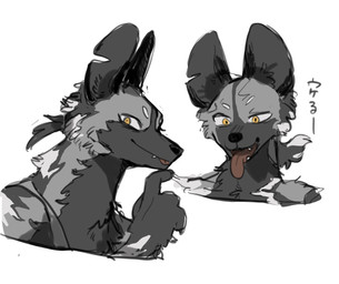 ambiguous_gender anthro black_ears blep claws closed_smile eyebrows finger_claws fur grey_body grey_fur looking_at_self looking_at_viewer mouth_closed notched_ear open_mouth overbite red_tongue simple_background smile solo text tongue tongue_out white_background white_body white_eyebrows white_fur white_sclera yellow_eyes zumi3 african_wild_dog canid canine mammal 2024 bust_portrait digital_drawing_(artwork) digital_media_(artwork) hi_res japanese_text portrait