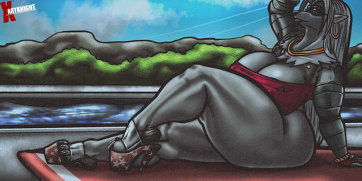 anthro areola areola_slip bedding big_breasts blanket bottomless bracelet breasts clothed clothing cloud curvy_figure cybernetic_arm cybernetic_limb ear_piercing ear_ring female footwear fur grey_hair hair high_heels huge_breasts jewelry lower_lip mask mature_female mechanical_arm necklace nipple_outline piercing plant pool ring_piercing shoes sky solo thick_thighs topwear torn_clothing torn_topwear voluptuous voluptuous_anthro voluptuous_female water white_body white_fur xartknight bandai_namco digimon digimon_beatbreak digimon_(species) wolvermon 2025 digital_media_(artwork)