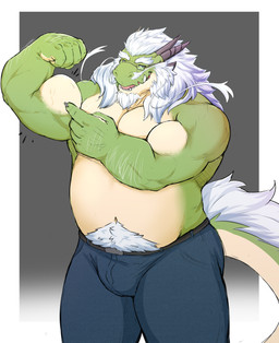 anthro arm_hair beard belly belt biceps biped body_hair bottomwear clothed clothing denim denim_bottomwear denim_clothing eyebrows eyewear facial_hair flexing flexing_bicep glasses gradient_background green_body grey_hair hair happy_trail head_tuft horn jeans male musclegut muscular muscular_anthro muscular_male navel overweight overweight_anthro overweight_male pants simple_background solo tail tail_tuft toothy_smile topless tuft radonryu mythology raddy dragon eastern_dragon mythological_creature mythological_scalie scalie absurd_res hi_res